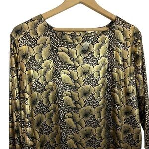 Vintage 80s Shiny Floral Top Sz L Gold Black Party Cocktail Shirt Flashy VGUC